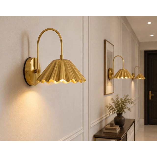 Handcrafted Brass Scalloped Wall Sconce, Fluted Shade Vanity & Bedroom Wall Light For Sale - Image 6 of 10