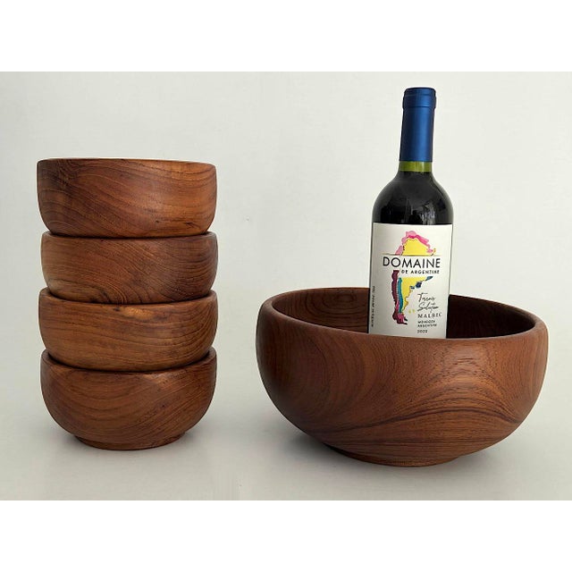 1970s Hand Turned Teak Wood Set of Bowls, 5 Pieces For Sale In Miami - Image 6 of 11