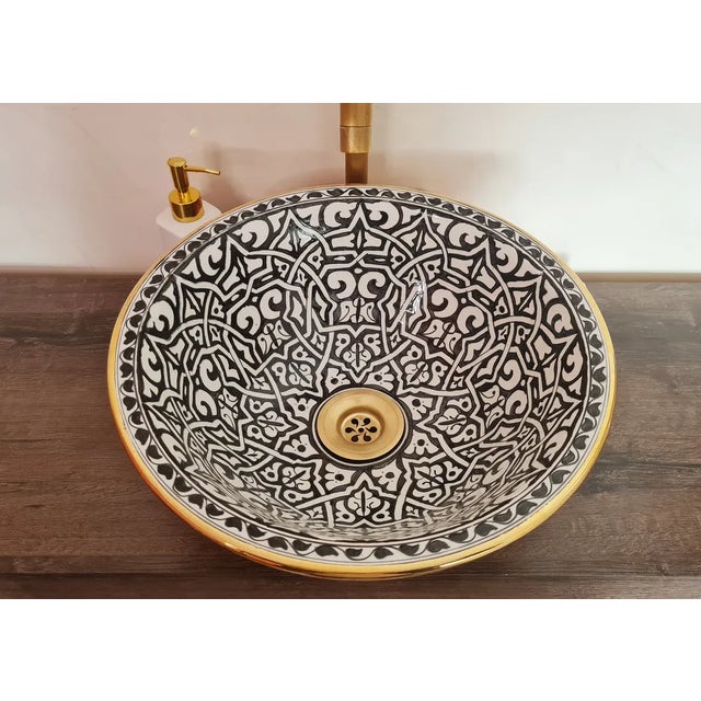 Ceramic Small Safae' Black White Moroccan Round Sink Washbasin Ceramic Handmade Hand Painted For Sale - Image 7 of 7