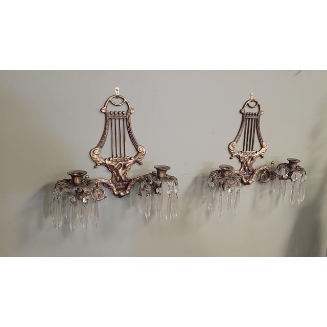 Art Deco A Pair 1930s Brass & Crystal Swan Candle Wall Sconces For Sale - Image 3 of 10