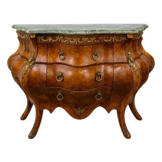 Late 20th Century Louis XV Style Bombe Commode With Burl Veneer & Green Marble Top For Sale