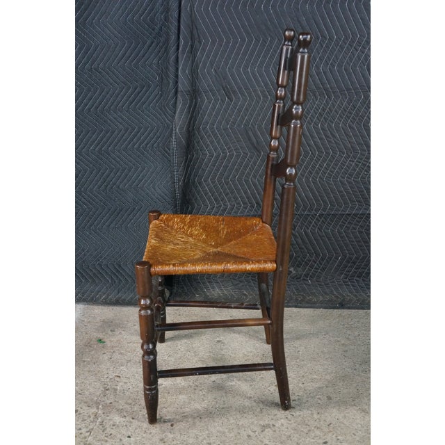 Brown 4 Mid 20th Century French Country Shaker Style Oak Ladderback Dining Chairs Rush Seat Farmhouse For Sale - Image 8 of 18