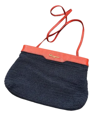 1980s Navy Blue Woven Fabric and Red Leather Shoulder Bag by Ferragamo