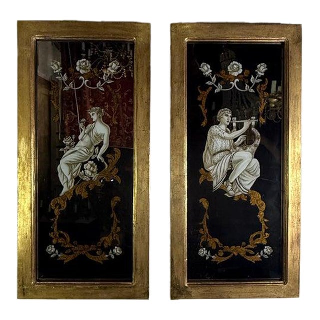 Neoclassical Reverse Painted Mirror Panels, Early 20th Century For Sale