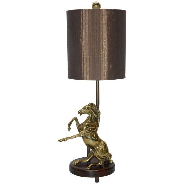 Vintage Solid Brass Horse Lamp With Shade For Sale