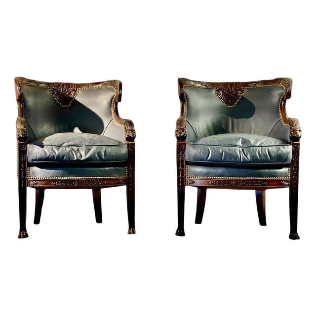 Early 19th Century Russian Empire Style Mahogany Bergère Armchairs - Pair For Sale
