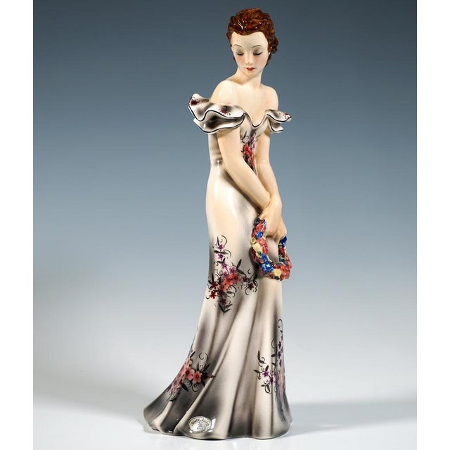 Summer Evening Lady with Wreath of Flowers from Goldscheider, Vienna, Austria, 1939 For Sale - Image 3 of 7