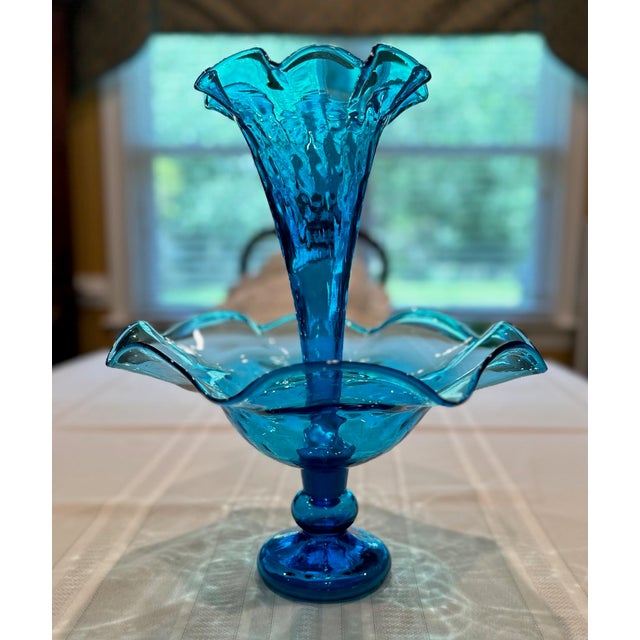 Mid-Century Modern Early 20th Century Fenton Blue Art Glass Ruffled Epergne Trumpet Vase For Sale - Image 3 of 10