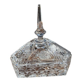 Vintage Heavy Pressed Crystal Glass Triangle Candy Dish with Lid and Finial Top For Sale