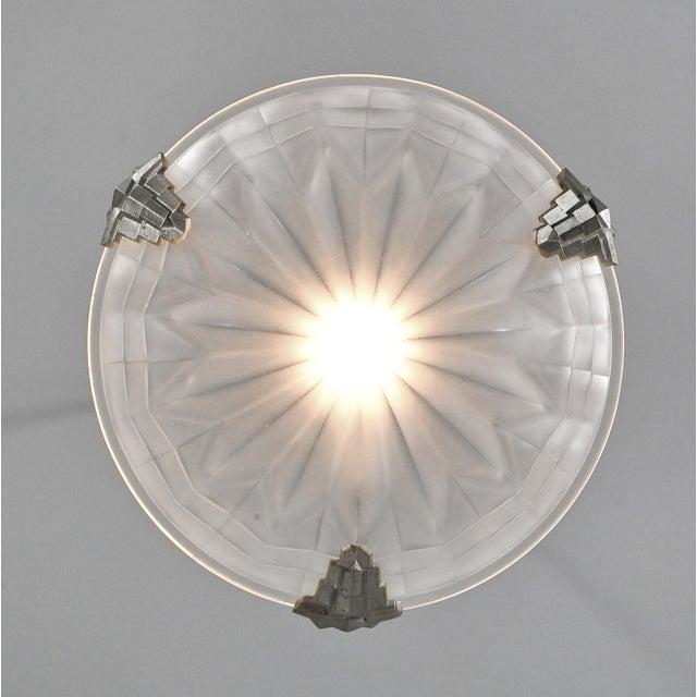 Maynadier & Degue French Art Deco 3-Armed Chandelier - 1930s Nickeled Bronze & Frosted Glass For Sale - Image 9 of 18