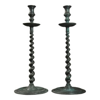 Pair of Large Vintage Verdigris Bronze Barley Twist Candelabras For Sale