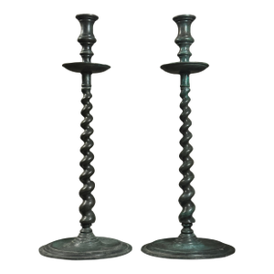 Pair of Large Vintage Verdigris Bronze Barley Twist Candelabras