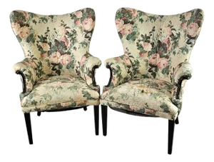 1940s American Butterfly Wingback Armchairs, Original Floral Upholstered Pair