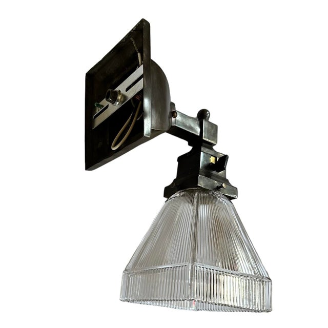 1910s Pair of Mission/Craftsman Brass and Holophane Glass Sconces, Circa 1910 For Sale - Image 5 of 6