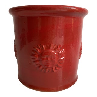 Red Ceramic Planter Pot With Sun Motif For Sale