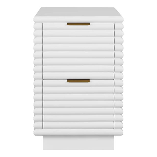 Matthew Izzo Home Nayla Glossy White Lacquer Two Drawer Side Table With Brass Drawer Pulls For Sale