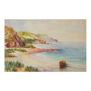 Vintage Green HIlls Coastline Seascape Watercolor Painting For Sale