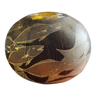 20th C. Super Heavy Hiroshi Yamano Signed Glass Sphere Sculpture With Silver & Copper Plating Fish Motif 6"x5"x 4.5"h - Might Missing the Fish For Sale