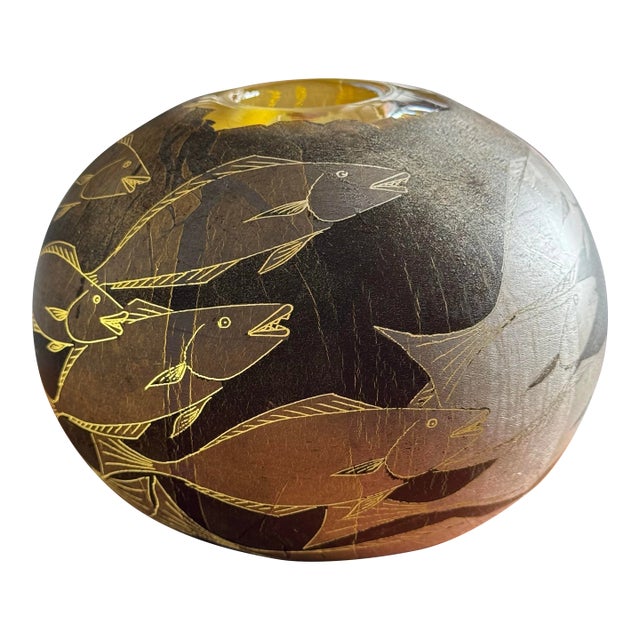 20th C. Super Heavy Hiroshi Yamano Signed Glass Sphere Sculpture With Silver & Copper Plating Fish Motif 6"x5"x 4.5"h - Might Missing the Fish For Sale