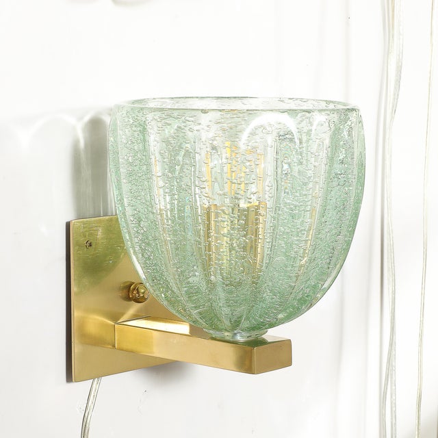 Modernist Hand-Blown Sea Green Fluted Pulegoso Murano Glass & Brass Sconces For Sale - Image 12 of 13