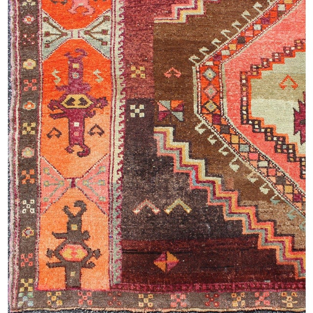Mid 20th Century Large Gallery Rug With Geometric Medallions in Dark Brown, Orange & Multi Colors 6'8"x16'8" For Sale - Image 5 of 6