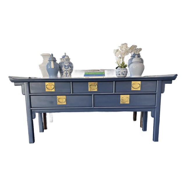 Offered is an chinoiserie style sideboard made from solid wood painted a lovely navy blue with large polished horseshoe...