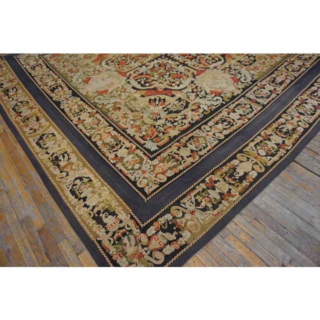Late 19th Century 1870s Tan Camel Medallion Antique French Needlepoint Rug 11' X 11' Flatweave Wool Silk Carpet For Sale - Image 5 of 11