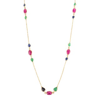18k Yellow Gold Emerald Ruby & Sapphire Beaded Necklace for Women For Sale