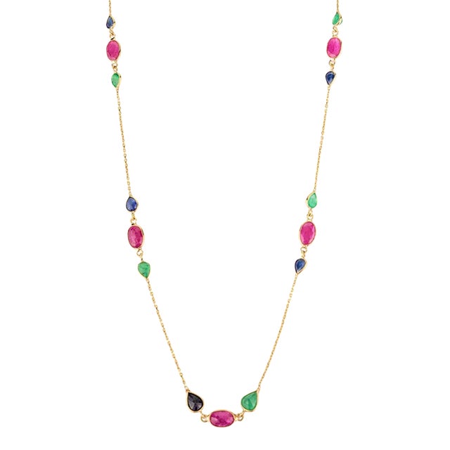 18k Yellow Gold Emerald Ruby & Sapphire Beaded Necklace for Women For Sale