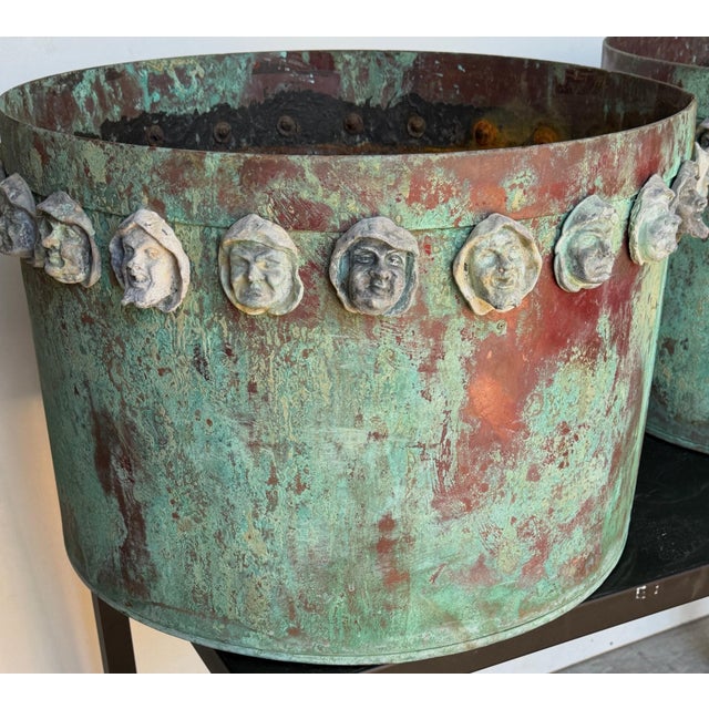 Pair Gothic Revival Verdigris Copper Planters Applied Medieval Heads, circa 1900 For Sale - Image 11 of 18