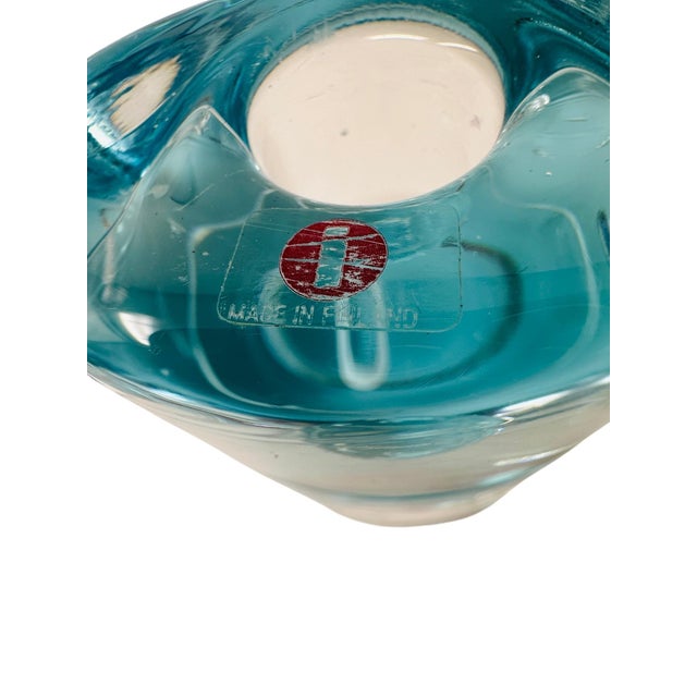 Blue Vintage Iittala Arktia Glass Candle Holders Pair - Designed by Timo Sarpaneva - Finland 1980s Art Glass - Blue Core & Bubbles With Original Label For Sale - Image 8 of 10