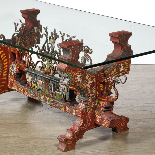 Arts and Crafts Sicilian Polychromed Wood & Iron Glass Top Oxcart Cocktail Table For Sale - Image 9 of 18