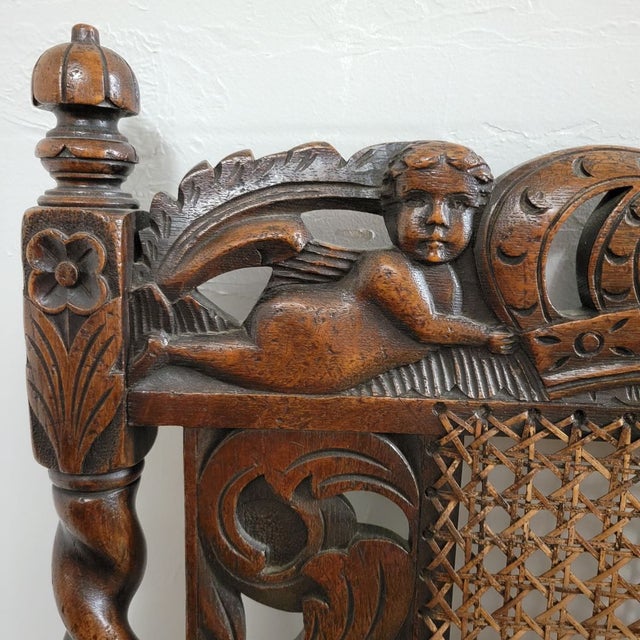Antique Italian Renaissance Revival Carved Walnut Throne Hall Chair With Putti, Cane Back & Barley Twist Arms For Sale - Image 4 of 15