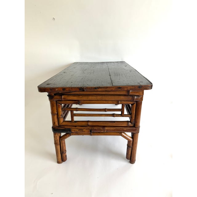 Wood Antique Chinoiserie Bamboo Low Table Display W/Black Elm Top For Sale - Image 7 of 8