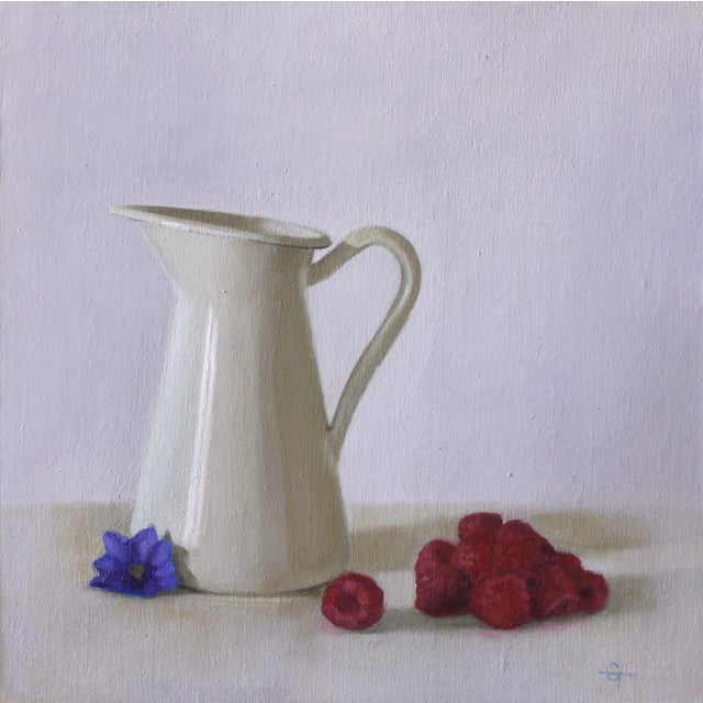 Raspberries and Cream, ca. 2015 by Cecilia Thorell | Oil on linen panel Still life of raspberries and a pitcher For Sale