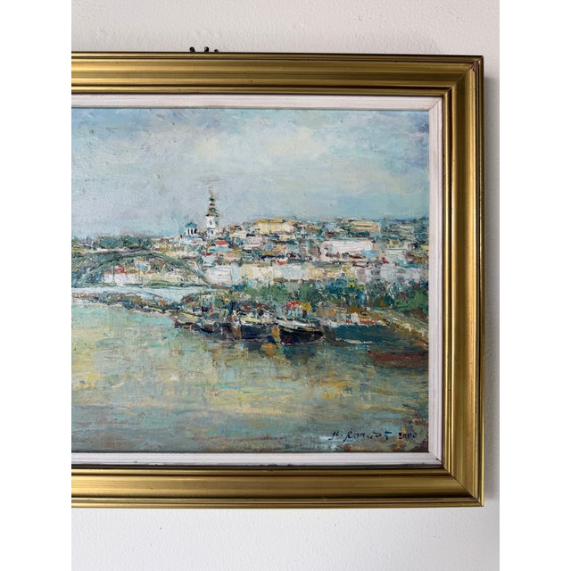 Wood Vintage European Impressionist River Cityscape Oil Painting on Canvas – Framed For Sale - Image 7 of 10