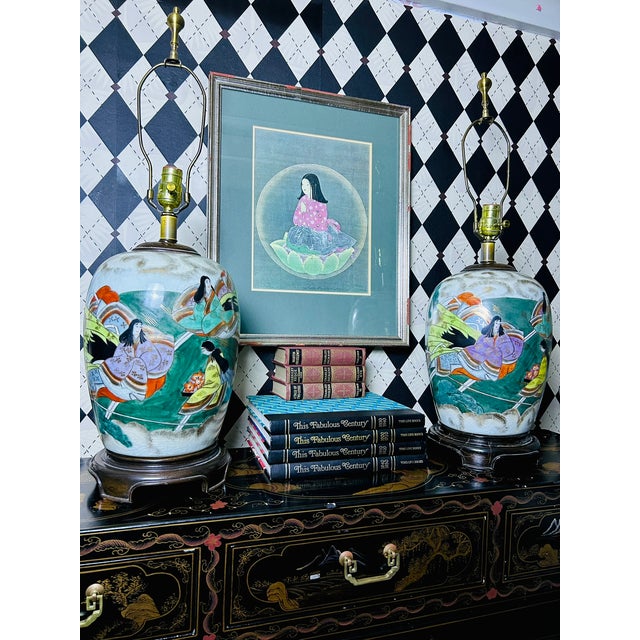 1950s Hand-Painted Japanese Porcelain Tabletop Lamps Pair Court Ladies, Large 32"h For Sale - Image 16 of 18