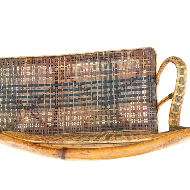 Brown Restored Aesthetic Movement Tiger & Tortoise Bamboo Bench Settee W/ Woven Seat For Sale - Image 8 of 8