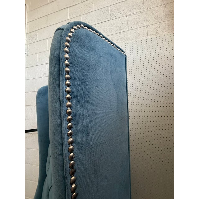 2010s Blue Velvet Wingback Armchair – Tufted High‑Back Accent Chair With Nailhead Trim For Sale - Image 5 of 7