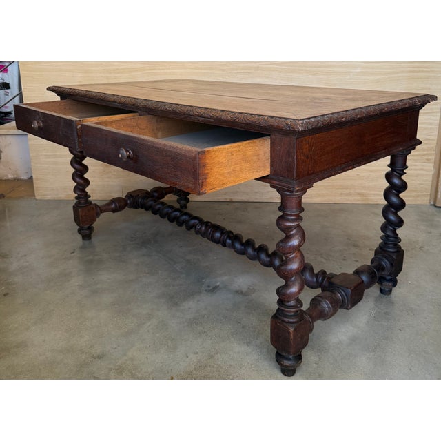 Late 19th Century 19th Spanish Walnut Desk or Console Table With Two Drawers & Solomonic Legs For Sale - Image 5 of 12