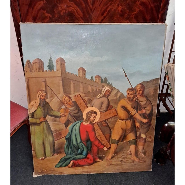 Stations of the Cross Jesus Falls Under the Cross (Third Station), 1800s, Oil Painting on Canvas For Sale - Image 5 of 6
