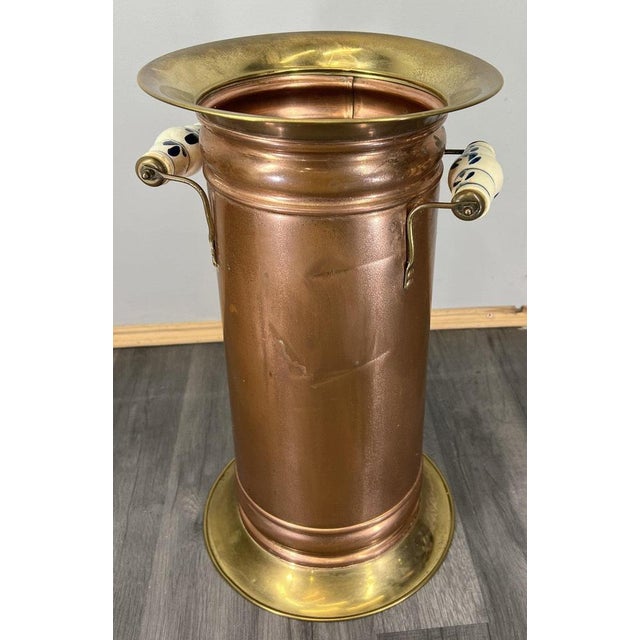 Vintage Brass Copper Umbrella Stand with Porcelain Handles For Sale - Image 17 of 17