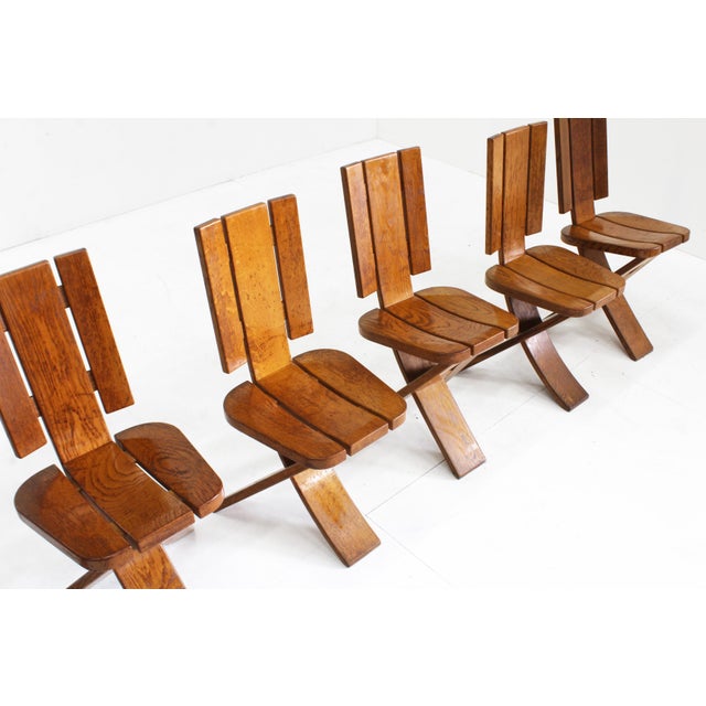 1970s Vintage Brutalist Sculptural Dining Chairs in Oak from Ebénisterie Seltz, France, 1970s, Set of 6 For Sale - Image 5 of 11