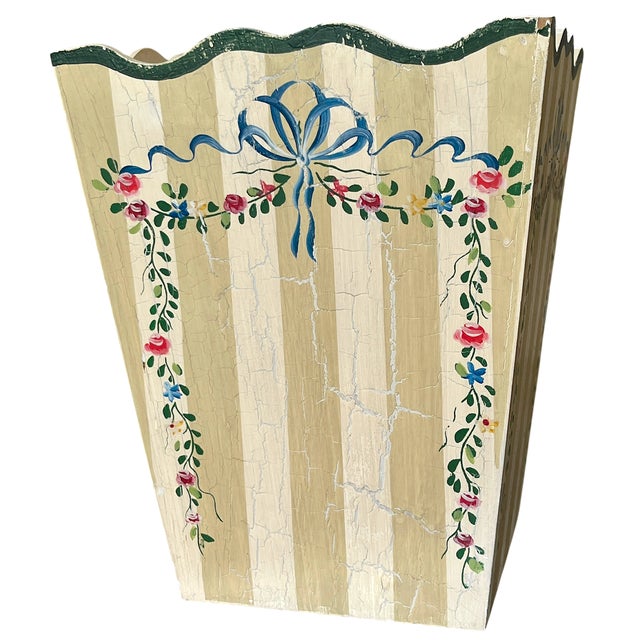 Shabby Chic Hand-Painted Wooden Wasetbasket With Romantic Floral Swags, Bows and Stripes by Jane Keltner For Sale - Image 3 of 11