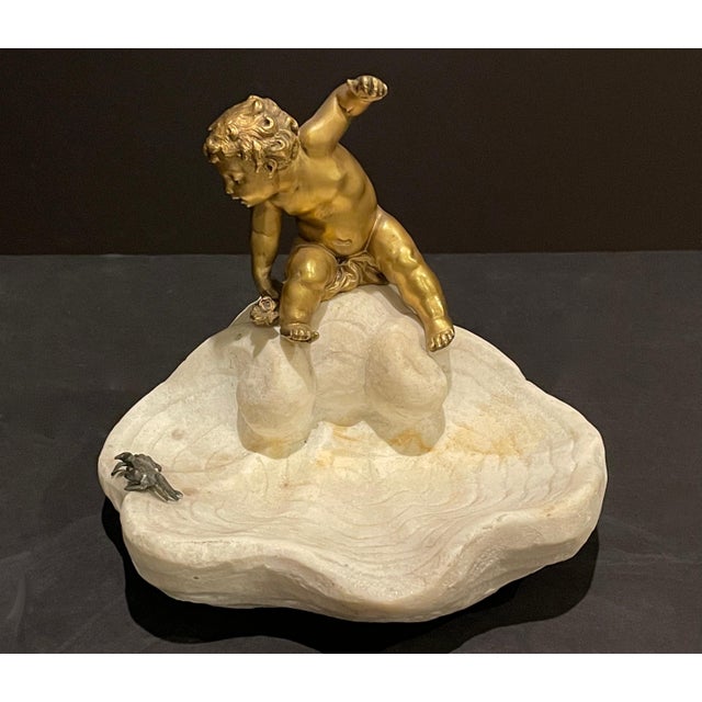 Gold Late 19th Century French Gilt Bronze Boy On Carved Marble Shell With Crab For Sale - Image 8 of 10