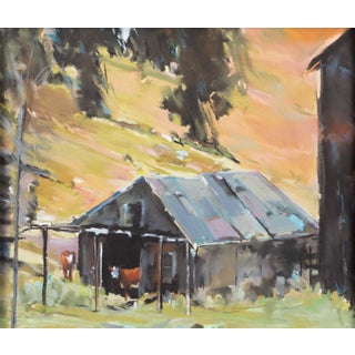 Two Cows, ca. 2000 by Jann T. Bass | Pastel on paper of two cows near a barn in a landscape. For Sale