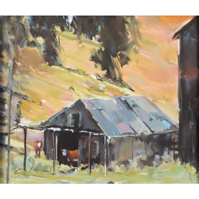 Two Cows, ca. 2000 by Jann T. Bass | Pastel on paper of two cows near a barn in a landscape. For Sale