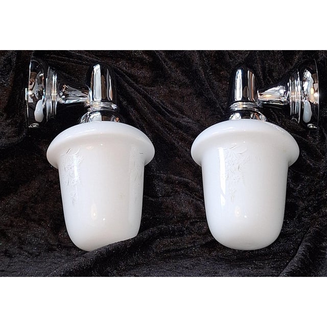 Vintage Wall Lamps with Chrome-Plated Brackets and Opaque White Glass Shades from Hillebrand-Leuchten, 1980s, Set of 2 For Sale - Image 6 of 8