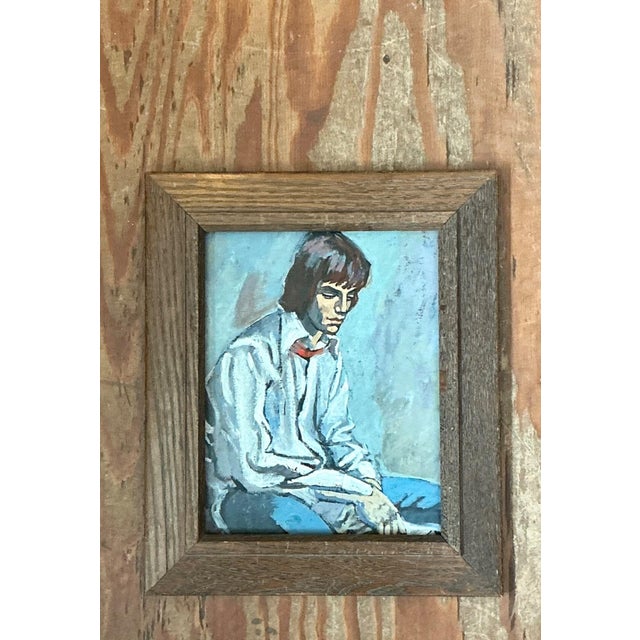 Wood Vintage 1970s Oil Painting of Seated Man For Sale - Image 7 of 11