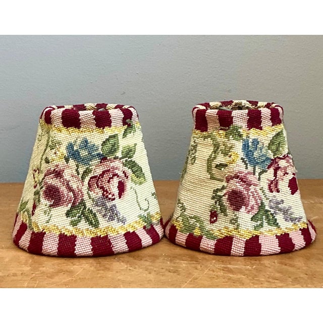 Vintage Needlepoint Floral Lamp Shades Pair For Sale - Image 14 of 14
